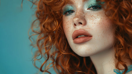 Perfect young redhead woman with long healthy wavy red hair. Beautiful curly hair female model, closeup portraitの素材