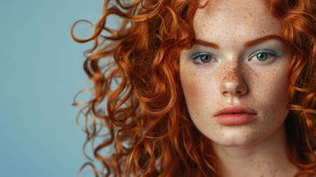 Perfect young redhead woman with long healthy wavy red hair. Beautiful curly hair female model, closeup portraitの素材