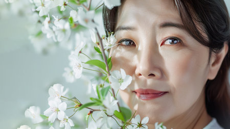 Portrait of gorgeous happy middle aged mature Asian woman, senior older 50 year lady looking at camera touching her face isolated on white. Ads of lifting anti wrinkle skin care, spa. Copy space.の素材