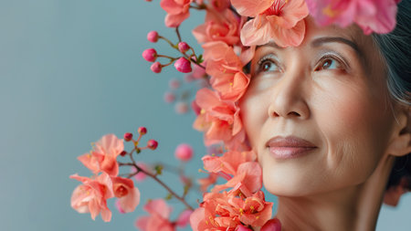 Portrait of gorgeous happy middle aged mature Asian woman, senior older 50 year lady looking at camera touching her face isolated on white. Ads of lifting anti wrinkle skin care, spa. Copy space.の素材