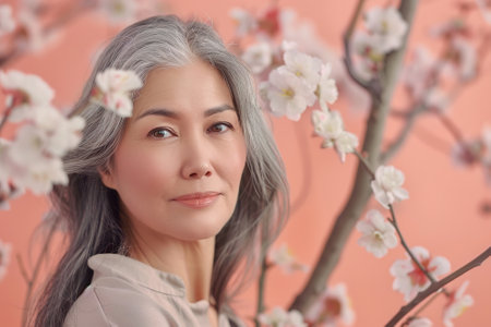 Mature Asian woman with cherry blossoms on a peach background. Portrait of a gorgeous happy middle-aged Asian woman, an elderly woman over 50 years old. The concept of beauty. A light tone. Skin care.の素材