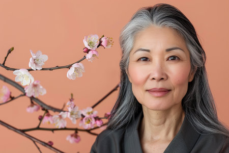 Mature Asian woman with cherry blossoms on a peach background. Portrait of a gorgeous happy middle-aged Asian woman, an elderly woman over 50 years old. The concept of beauty. A light tone. Skin care.の素材