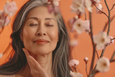 Mature Asian woman with cherry blossoms on a peach background. Portrait of a gorgeous happy middle-aged Asian woman, an elderly woman over 50 years old. The concept of beauty. A light tone. Skin care.の素材