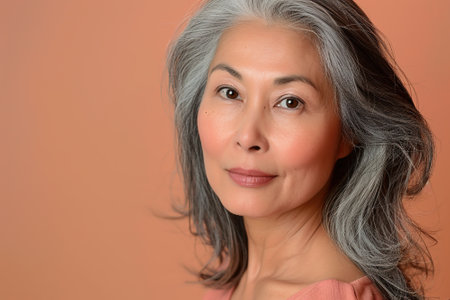 Mature Asian woman with cherry blossoms on a peach background. Portrait of a gorgeous happy middle-aged Asian woman, an elderly woman over 50 years old. The concept of beauty. A light tone. Skin care.の素材