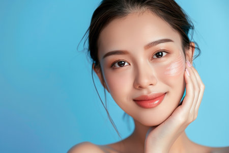 A beautiful smiling Asian model girl with natural makeup touches radiant moisturized skin on a blue background in close-up. The concept of beauty treatments and skin careの素材