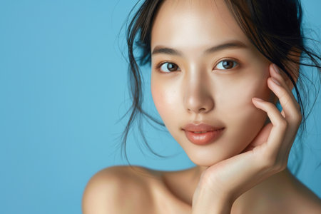 A beautiful smiling Asian model girl with natural makeup touches radiant moisturized skin on a blue background in close-up. The concept of beauty treatments and skin careの素材