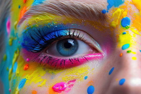 A woman's eye with bright makeup. Fashion design. Make-up, Cosmetics, Beauty. Close-up, Macroの素材