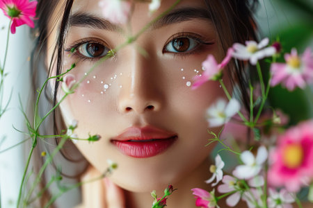 An attractive young Asian woman with fresh skin in flowers. Spring flowers next to the face. Facial care, facial treatments, cosmetology, skin beauty and cosmetic concept.の素材