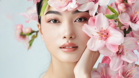 An attractive young Asian woman with fresh skin in flowers. Spring flowers next to the face. Facial care, facial treatments, cosmetology, skin beauty and cosmetic concept.の素材