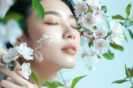 An attractive young Asian woman with fresh skin in flowers. Spring flowers next to the face. Facial care, facial treatments, cosmetology, skin beauty and cosmetic concept.の素材