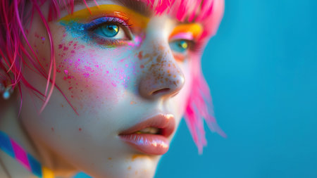 Portrait of a woman with pink hair, creative bright coloring. Bright colored highlights and shadows on the face. Youth makeup. It was shot close.の素材