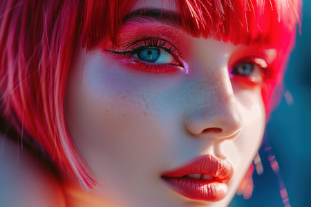 Portrait of a woman with pink hair, creative bright coloring. Bright colored highlights and shadows on the face. Youth makeup. It was shot close.の素材