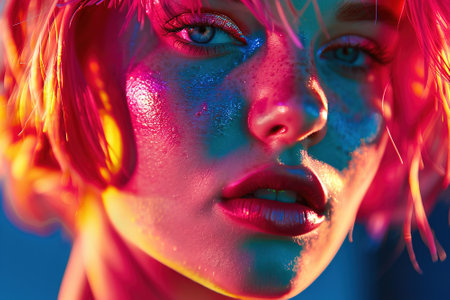 Portrait of a woman with pink hair, creative bright coloring. Bright colored highlights and shadows on the face. Youth makeup. It was shot close.の素材