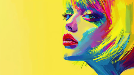 Portrait of a girl illustration with creative makeup. a girl with fashionable rainbow eye makeup and yellow short hair on a yellow background. The concept of creative youth makeup. Taken in close-up, a place for the text.の素材