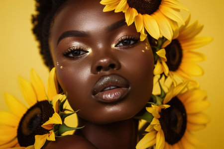 Makeup, sunflower and art with portrait of black woman in studio for beauty, creative or spring. Natural, cosmetic and floral with face of model on yellow background for glow, self love or confidenceの素材