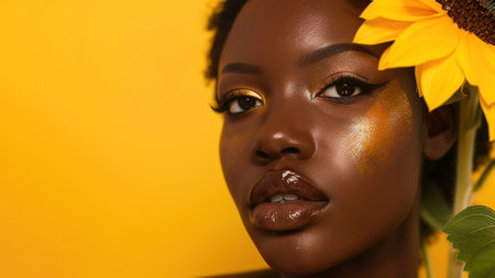 Makeup, sunflower and art with portrait of black woman in studio for beauty, creative or spring. Natural, cosmetic and floral with face of model on yellow background for glow, self love or confidenceの素材