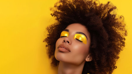 Portrait of an African-American model. A happy young woman with an afro hairstyle and closed eyes, creative yellow makeup, lips and eye shadow on a yellow backgroundの素材