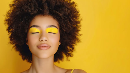 Portrait of an African-American model. A happy young woman with an afro hairstyle and closed eyes, creative yellow makeup, lips and eye shadow on a yellow backgroundの素材