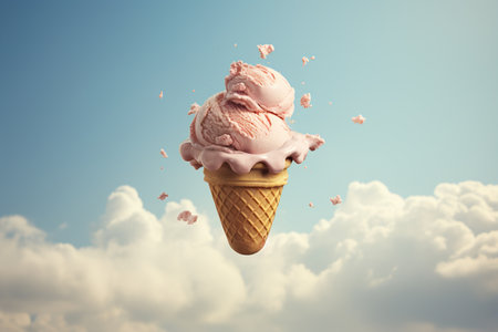 A funny creative concept of flying ice cream in a waffle cup with different flavors, pieces of chocolate and splashes of milk against the background of the sky and cloudsの素材