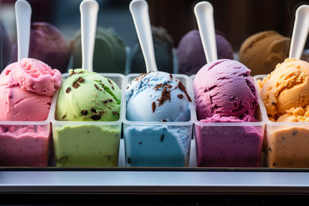 Variety of yummy ice creams under shopping window.の素材
