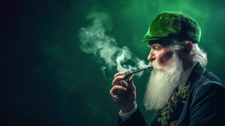 A smiling elderly man with a gray beard and a smoking pipe, in a green tuxedo and a top hat, on a green background. St. Patrick's Day celebration. The place for the banner text.の素材