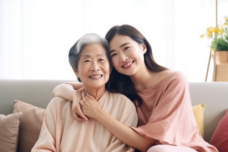 Happy time Mother day grown up child looking at camera cuddle hug give flower gift box red heart card to mature mum. Love kiss care mom asia middle age adult people smile enjoy sitting at home sofa.の素材