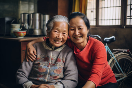 Happy time Mother day grown up child looking at camera cuddle hug give flower gift box red heart card to mature mum. Love kiss care mom asia middle age adult people smile enjoy sitting at home sofa.の素材