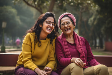 Portrait of a happy young Indian daughter hugging her mother at home, Love and unity, Indian family. He looks at the cameraの素材