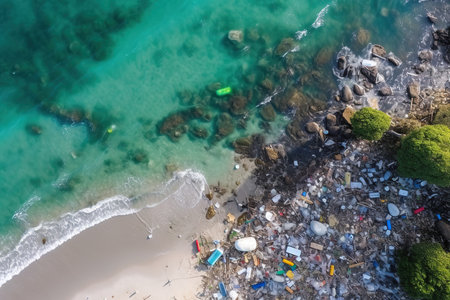 Garbage in the ocean, mountains of plastic and garbage floating in the ocean, top view. The concept of pollution of the world's oceans.の素材