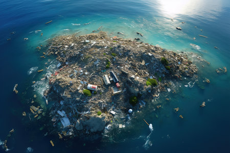 Garbage in the ocean, mountains of plastic and garbage floating in the ocean, top view. The concept of pollution of the world's oceans.の素材