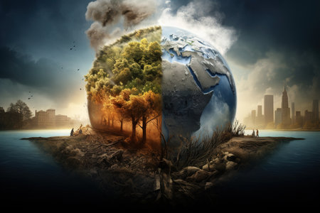 The concept of a cracked Earth VERSUS the concept of a Green Earth. Global warming, climate change and saving our planet. A dry and half-global 3D illustration of the planetの素材