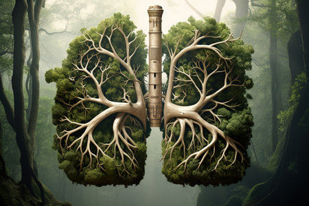 A conceptual image of a green tree in the shape of human lungs, in the forest. The concept of caring for nature and the preservation of forestsの素材