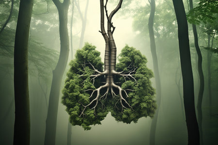 A conceptual image of a green tree in the shape of human lungs, in the forest. The concept of caring for nature and the preservation of forestsの素材
