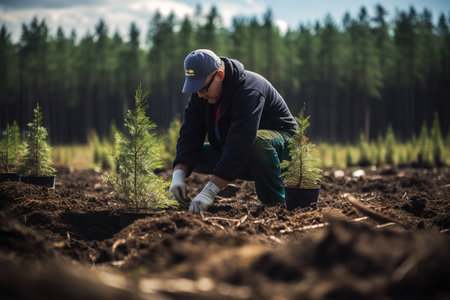 A young man plants a small tree in the place of a felled forest. Reforestation with the help of volunteers. Environmental protection. Plantation of coniferous treesの素材