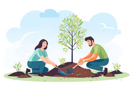 Tree planting, community service and volunteering group in park, garden and nature for sustainable environment. Climate change, soil gardening and earth day project for growth, care and green ecologyの素材