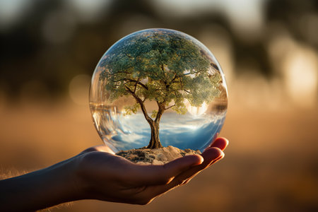 Crystal Earth On Soil In Forest With Ferns And Sunlight - Environment, save clean planet, ecology concept. Earth Day banner with copy spaceの素材