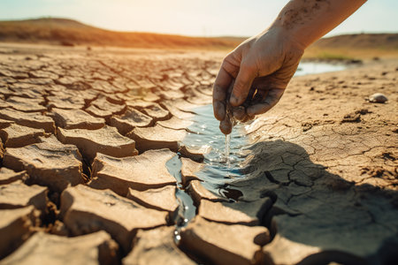 A hand over the cracked earth from the drought, from which water flows. The concept of helping people with droughtの素材