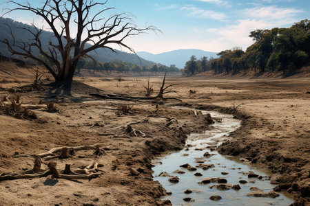 a dried-up riverbed, rocks, tree trunks and a forest in the background. Dried-up trees along the shore. River shallowing.の素材
