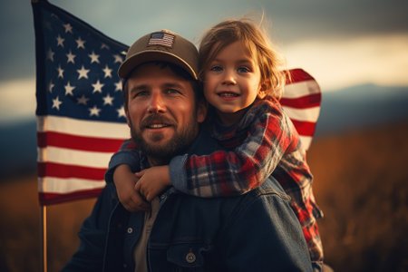 A father and child with a US flag enjoy nature against the sky. The child hugs his father. A free lifestyle. Retro style.の素材