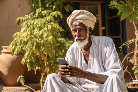 An elderly man with a mustache and a traditional Rajasthani turban, in national clothes, is sitting on the street with a phone and staring at itの素材