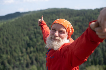 Portrait, close-up. white elderly man and hiking in the woods, exercise and fitness for wellness,...