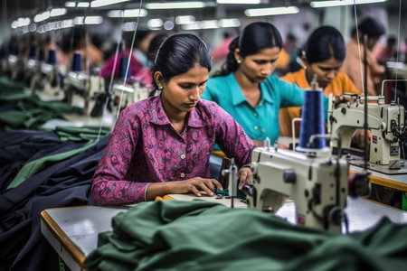 Indian women group working on sewing machine at textile factoryの素材