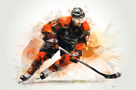 A polygonal figure depicting a hockey player, made up of multicolored triangles on a white background. Olympic Games. poster, banner, postcardの素材