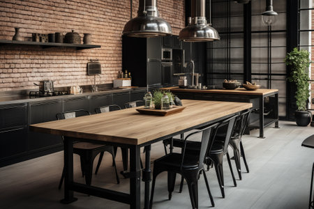 Side view on a wooden table and spacious industrial loft kitchen with vintage decor and black cabinets.の素材
