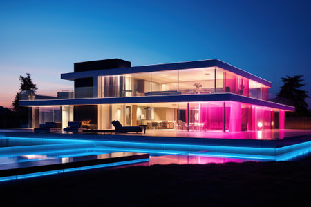 Modern villa with multi-colored LED lighting at night. Neon lights of different colors in the villaの素材