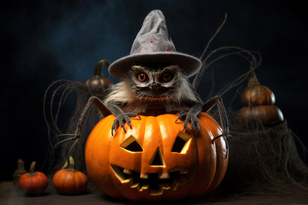 A Halloween holiday card. A spider in a hat sits on an orange pumpkin on a dark backgroundの素材