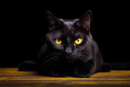 A black cat with bright yellow eyes on a black background. Close-up. The concept of Black Friday and Halloweenの素材