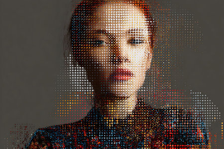 Artistic portrait of a woman with red hair, showcasing a colorful dotted pattern that enhances the visual impact and highlights contemporary art styles and creativityの素材