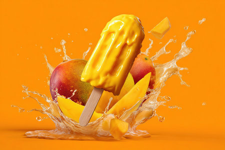 Colorful mango popsicle splashes into orange juice with fresh mango slices and whole fruits surrounding it, evoking a refreshing summer treat atmosphereの素材