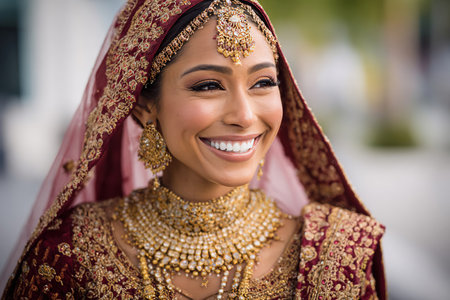 South Asian bride, wearing stunning traditional attire and elaborate jewelry, smiles brightly in a joyful celebration, showcasing cultural elegance and beautyの素材